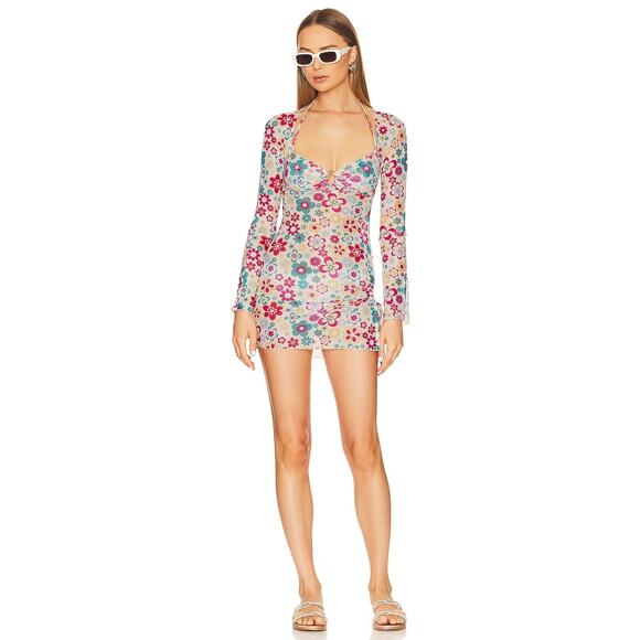 NWT Lovers + Friends Hello Daisy Mini Dress Womens Small Floral Mesh Long Sleeve - Picture 10 of 11